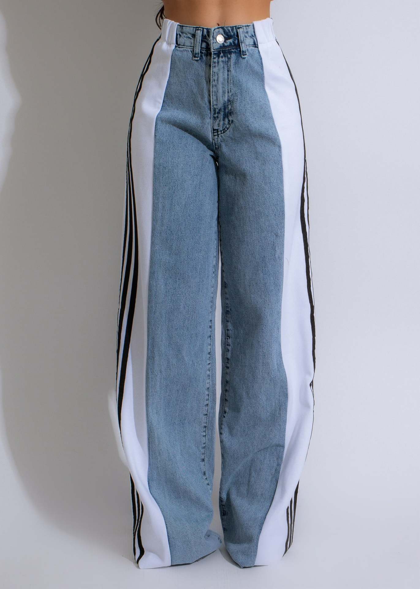 2025 Fashion Casual High Waist Elastic Straight Leg Trousers Three Stripe Patchwork Denim Wide Leg Pants Streetwear - 𝓢𝓱𝓸𝓹𝓵𝓮𝓬𝔂