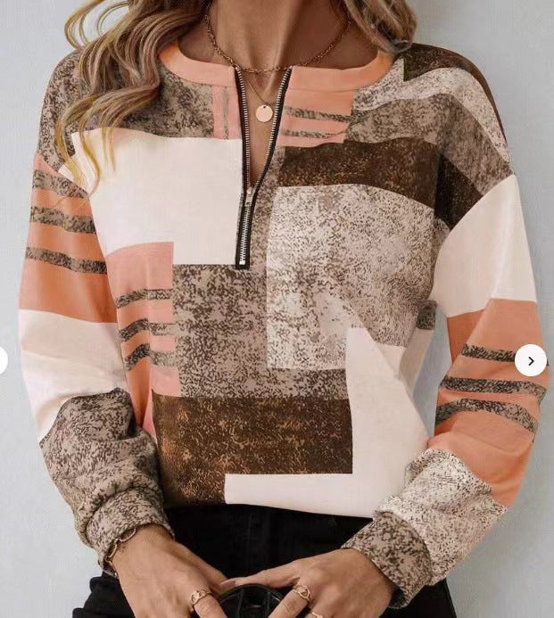 Round Neck Half Zipper Casual Style Polo Shirt Irregular Geometric Top - 𝓢𝓱𝓸𝓹𝓵𝓮𝓬𝔂