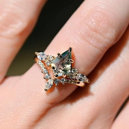 2pcs Fashion Rings Natural Green Moss Stone Agate Ring For Women Personalized Jewelry - 𝓢𝓱𝓸𝓹𝓵𝓮𝓬𝔂