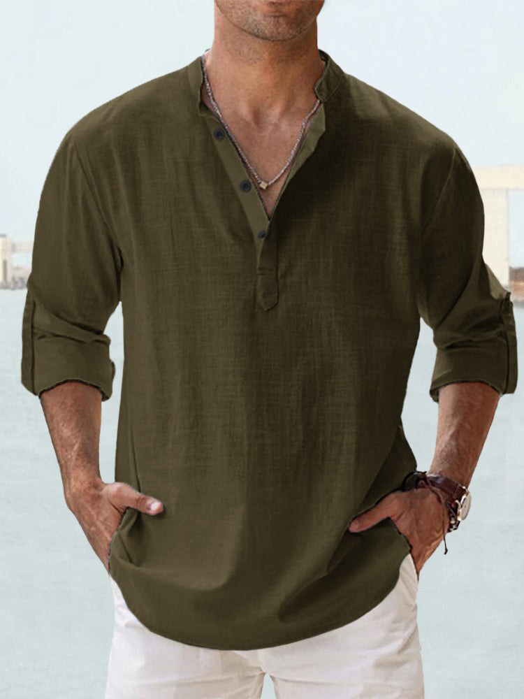 Men's Linen Stand-up Collar Long Sleeve T-shirt Loose Undershirt - 𝓢𝓱𝓸𝓹𝓵𝓮𝓬𝔂