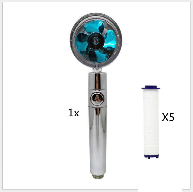 Propeller Driven Shower Head With Stop Button And Cotton Filter Turbocharged High Pressure Handheld Shower Nozzle 
