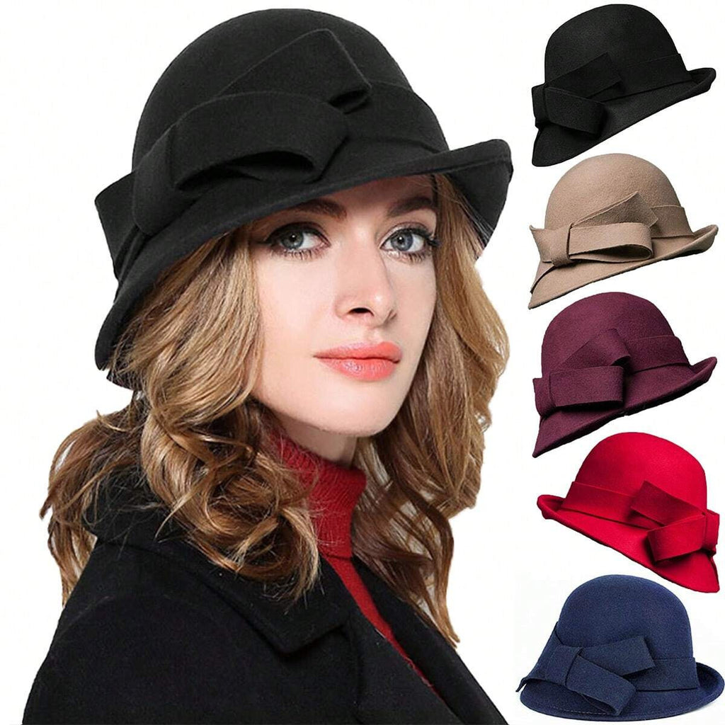 Women's French-style Elegant Retro Woolen Bowler Hat Curling Bow - 𝓢𝓱𝓸𝓹𝓵𝓮𝓬𝔂