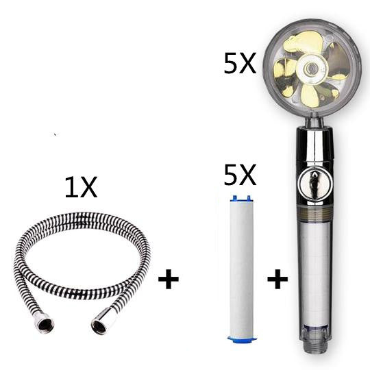 Propeller Driven Shower Head With Stop Button And Cotton Filter Turbocharged High Pressure Handheld Shower Nozzle 