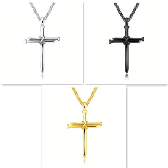 Steel Gold Black Color Fashion Mens Iron Nail Cross Pendant Necklace Stainless Steel 3mm Round Box Chain Jewelry Gift For Men - 𝓢𝓱𝓸𝓹𝓵𝓮𝓬𝔂