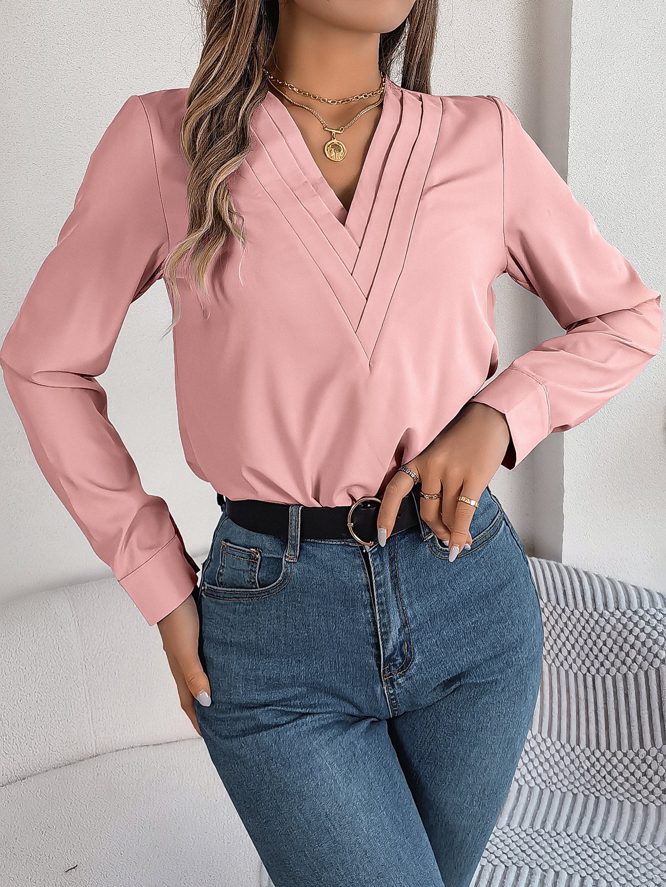Fashion V-Neck Long Sleeve Shirt Elegant Commuter Solid Blouse Office Women's Clothing - 𝓢𝓱𝓸𝓹𝓵𝓮𝓬𝔂