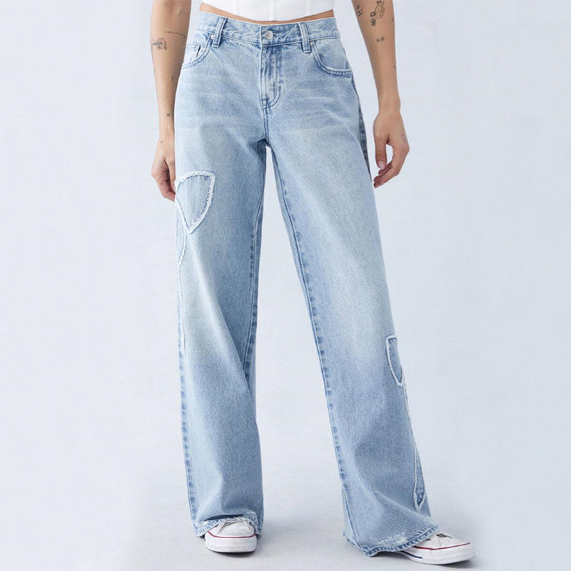 Women's Straight Trousers Embroidered Side Frayed Butterfly Jeans Street Design Hot Girl Baggy Pants - 𝓢𝓱𝓸𝓹𝓵𝓮𝓬𝔂
