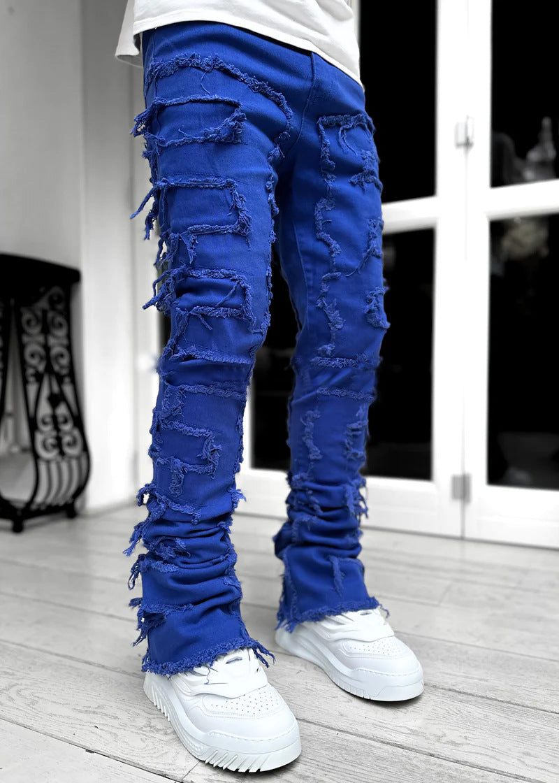 Men Trousers Individual Patched Pants Long Tight Fit Stacked Jeans For Mens Clothing - 𝓢𝓱𝓸𝓹𝓵𝓮𝓬𝔂