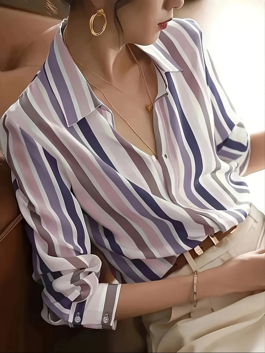 Color Blocking Temperament Striped Shirt For Women - 𝓢𝓱𝓸𝓹𝓵𝓮𝓬𝔂