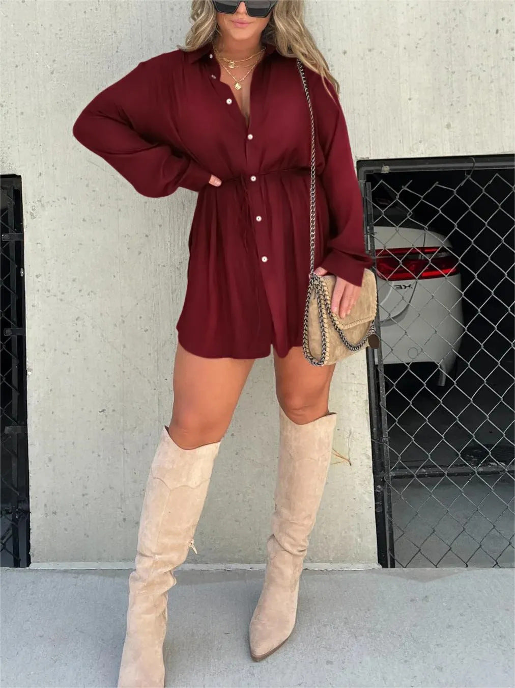 Women's Long Sleeve Jumpsuit With Button Fashion Shirt Dress - 𝓢𝓱𝓸𝓹𝓵𝓮𝓬𝔂