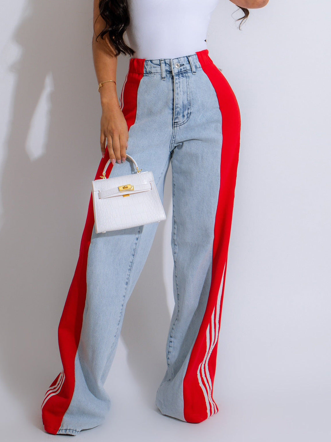 2025 Fashion Casual High Waist Elastic Straight Leg Trousers Three Stripe Patchwork Denim Wide Leg Pants Streetwear - 𝓢𝓱𝓸𝓹𝓵𝓮𝓬𝔂