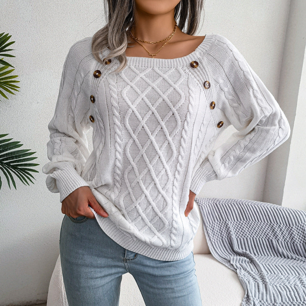 Square Neck Knitted Sweater With Button Design Winter Warm Long Sleeve Tops Women's Clothing - 𝓢𝓱𝓸𝓹𝓵𝓮𝓬𝔂