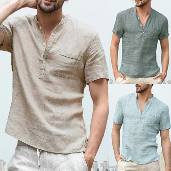 Casual Linen Solid Color Shirt Button V Neck Beach Shirt Men Summer Tops - 𝓢𝓱𝓸𝓹𝓵𝓮𝓬𝔂