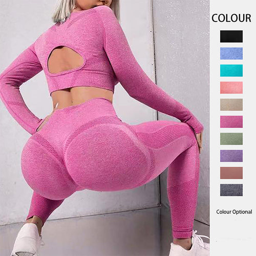 2pcs Sports Suits Long Sleeve Hollow Design Tops And Butt Lifting High Waist Seamless Fitness Leggings Sports Gym Sportswear Outfits Clothing - 𝓢𝓱𝓸𝓹𝓵𝓮𝓬𝔂