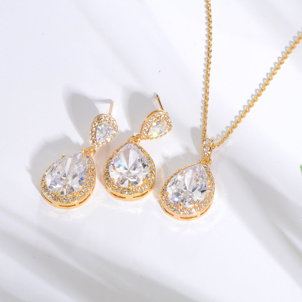 Bright Big Zircon Water Drops Necklace Eardrops Suit Bride Wedding Jewelry Simple Graceful - 𝓢𝓱𝓸𝓹𝓵𝓮𝓬𝔂