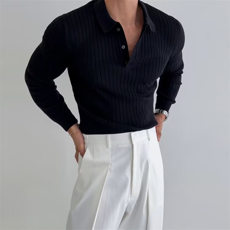 Lapel Button Long Sleeve Polo Shirt Slim Fashion Solid Striped Knitted Bottoming Shirt Top Men's Clothing - 𝓢𝓱𝓸𝓹𝓵𝓮𝓬𝔂