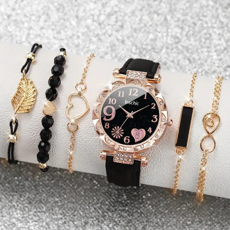 Women's Diamond Dial Belt Quartz Watch Beaded Bracelet Suit - 𝓢𝓱𝓸𝓹𝓵𝓮𝓬𝔂