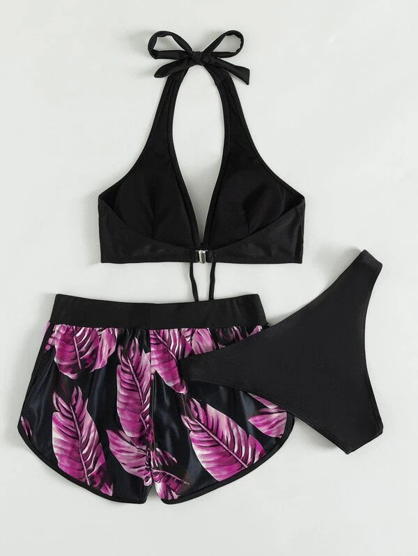 3pcs Leaf Print Bikini With Shorts Fashion Summer Beach Swimsuit Womens Clothing - 𝓢𝓱𝓸𝓹𝓵𝓮𝓬𝔂