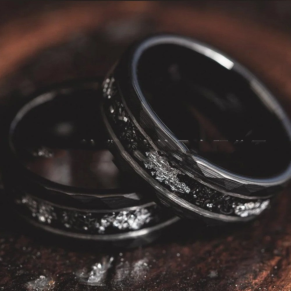8mm Electric Black Hammer Pattern Tungsten Ring Steel Color Inner Step Inlaid Iron Chips Silver Foil - 𝓢𝓱𝓸𝓹𝓵𝓮𝓬𝔂
