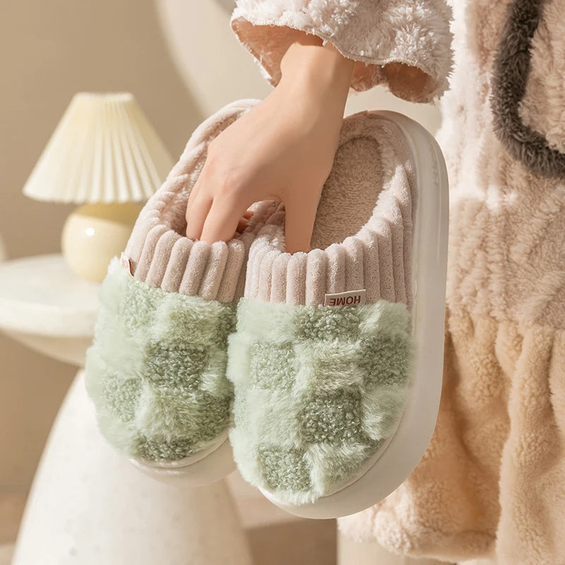 Plaid Plush Slippers Women's Indoor Plush Home Slippers Soft Sole Thick Non-Slip Warm House Shoes Couple Autumn And Winter - 𝓢𝓱𝓸𝓹𝓵𝓮𝓬𝔂