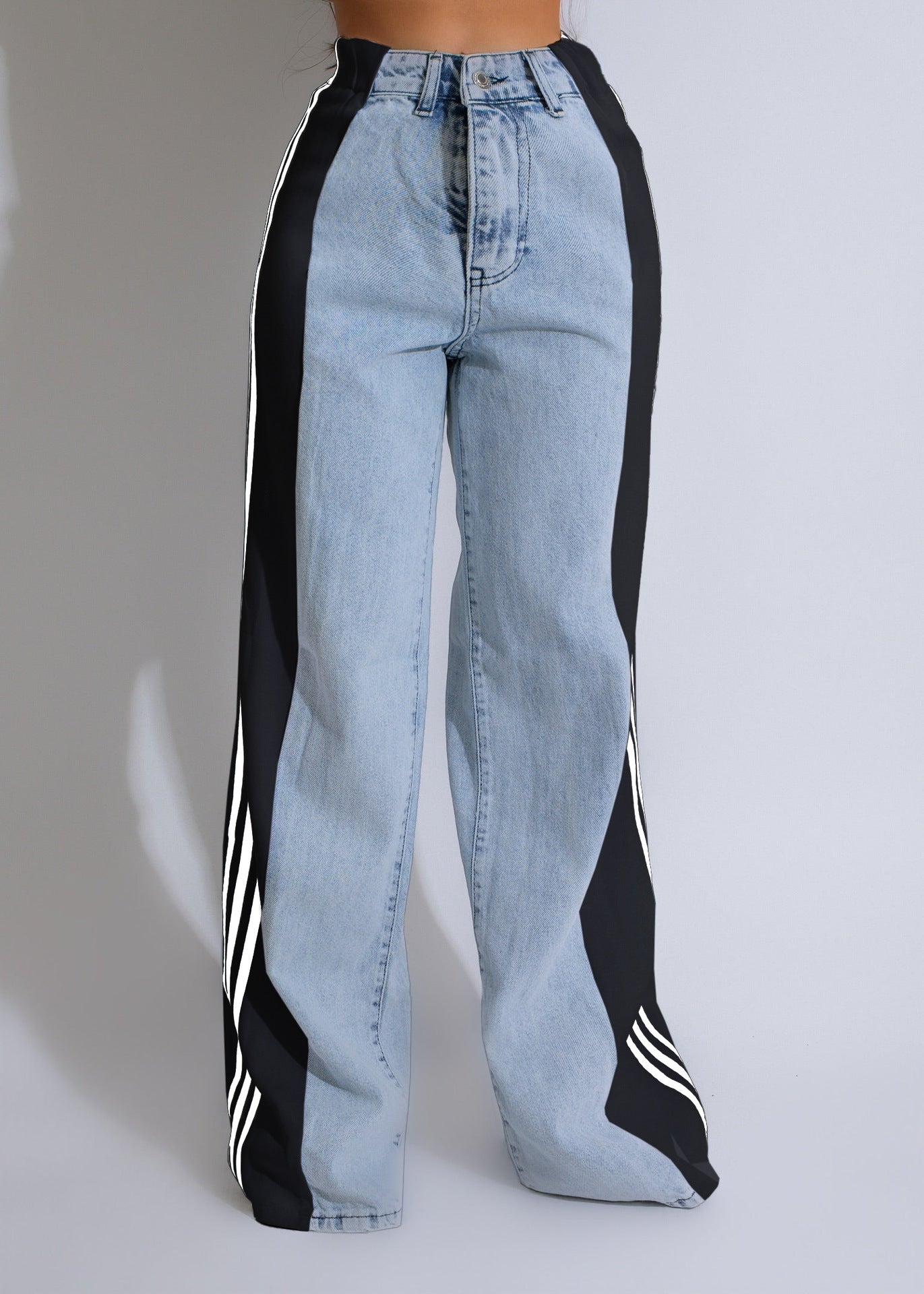 2025 Fashion Casual High Waist Elastic Straight Leg Trousers Three Stripe Patchwork Denim Wide Leg Pants Streetwear - 𝓢𝓱𝓸𝓹𝓵𝓮𝓬𝔂