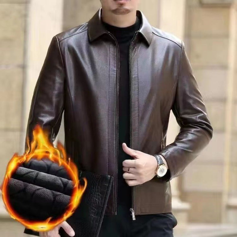 Leather Jacket For Middle-aged Men Leather Clothing With Stand Collar Men Fleece-lined - 𝓢𝓱𝓸𝓹𝓵𝓮𝓬𝔂