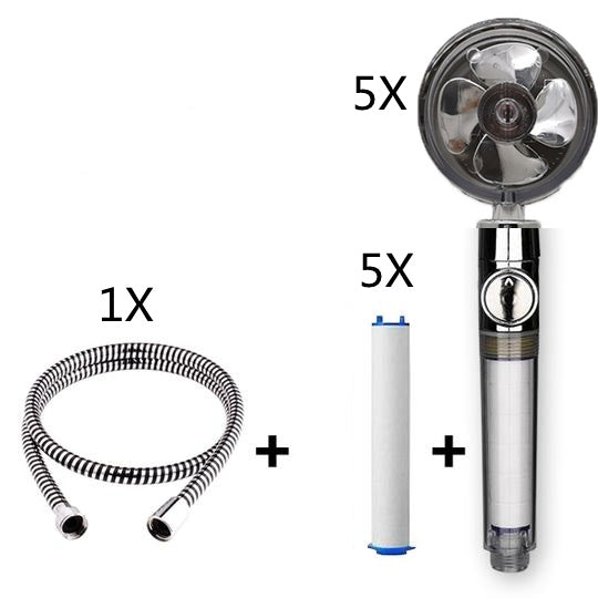 Propeller Driven Shower Head With Stop Button And Cotton Filter Turbocharged High Pressure Handheld Shower Nozzle 