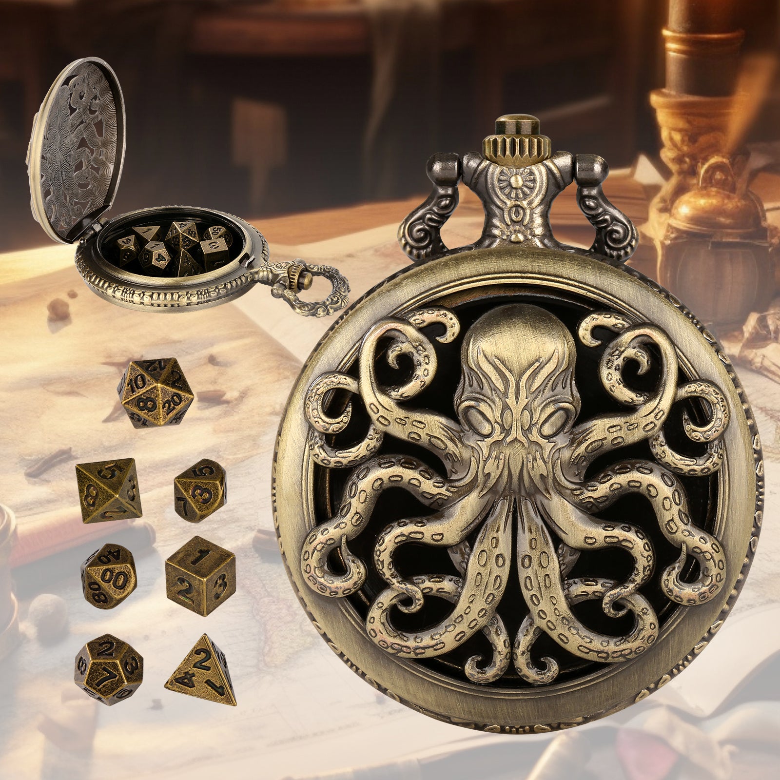 Thick Chain Octopus Symmetrical Pocket Watch Set And Mini DND Dice Set, Equipped With 7 Game Polyhedral Metal Dice Dragons And Dungeon Tabletop Role-playing Game Dice - 𝓢𝓱𝓸𝓹𝓵𝓮𝓬𝔂