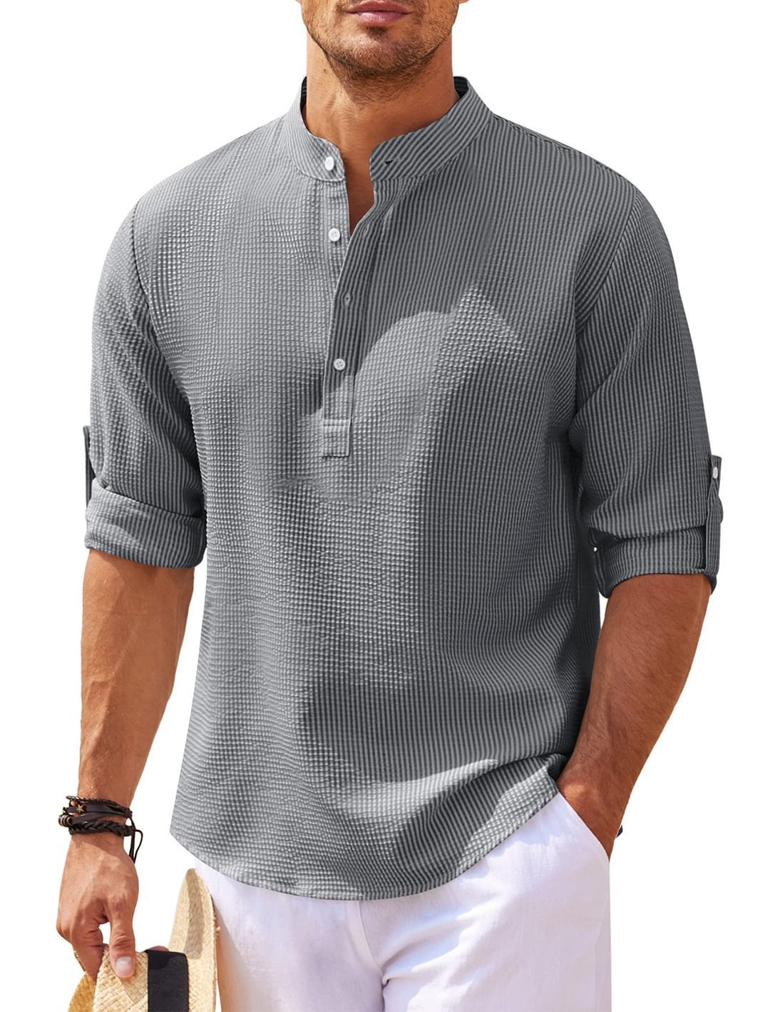 Men's Casual Shirt  Long Sleeve Stand Collar Solid Color Shirt Mens Clothing - 𝓢𝓱𝓸𝓹𝓵𝓮𝓬𝔂