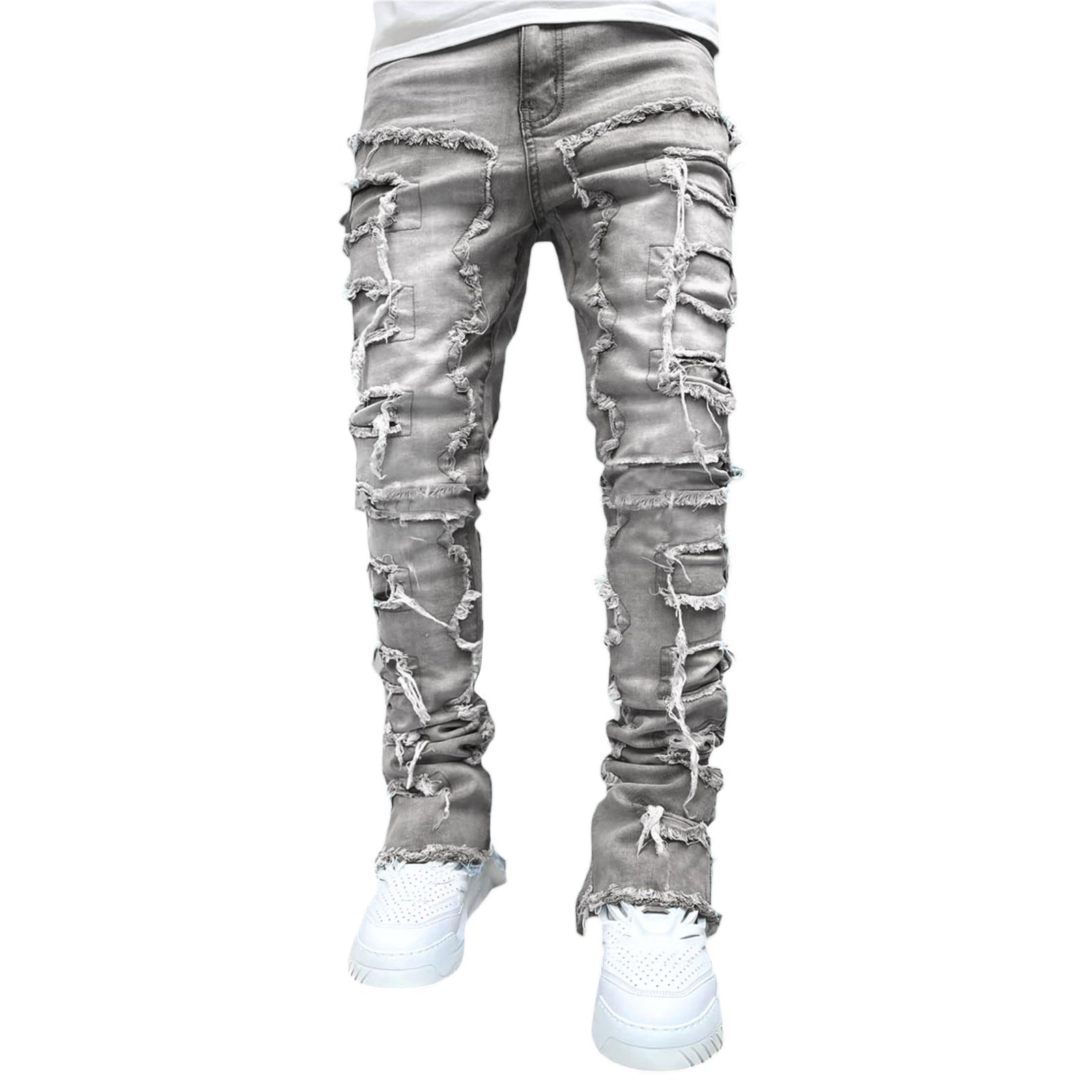 Men Trousers Individual Patched Pants Long Tight Fit Stacked Jeans For Mens Clothing - 𝓢𝓱𝓸𝓹𝓵𝓮𝓬𝔂
