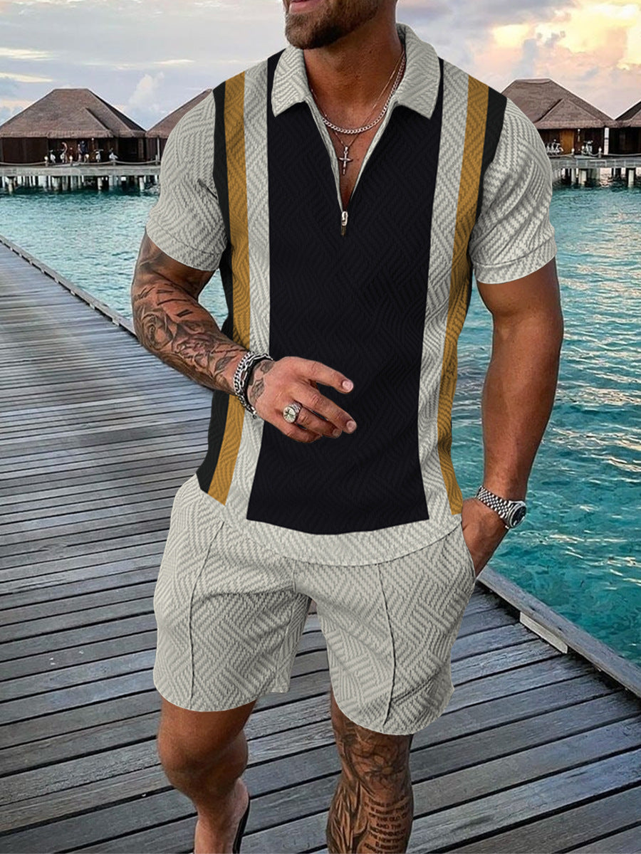 Men's Casual Color Contrast POLO Zip Lapel Shirt Short Sleeve Suit - 𝓢𝓱𝓸𝓹𝓵𝓮𝓬𝔂