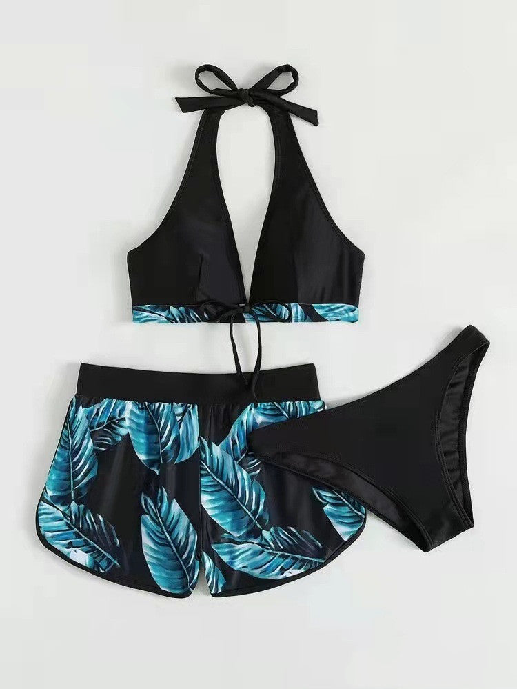 3pcs Leaf Print Bikini With Shorts Fashion Summer Beach Swimsuit Womens Clothing - 𝓢𝓱𝓸𝓹𝓵𝓮𝓬𝔂
