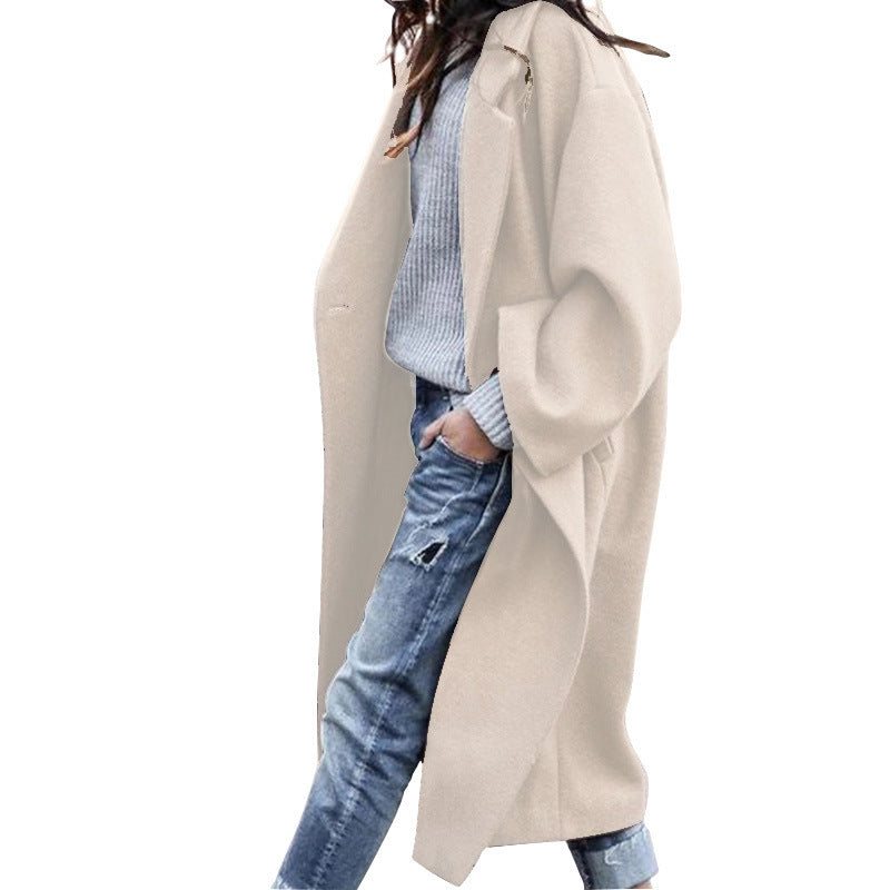 Casual Long Jacket With Pockets Solid Color Single Breasted Lapel Woolen Coat For Women Warm Winter Clothing - 𝓢𝓱𝓸𝓹𝓵𝓮𝓬𝔂