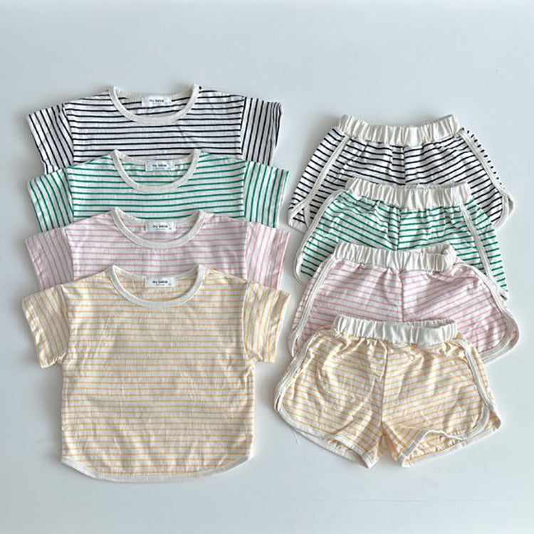 Breathable Stripes Homewear Short Sleeve Shorts Outwear Children's Clothing - 𝓢𝓱𝓸𝓹𝓵𝓮𝓬𝔂