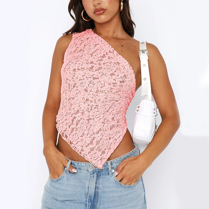 Ins Lace Backless Top Summer Solid Color Waistless Asymmetrical Sloped Neck Vest Streetwear Womens Clothes - 𝓢𝓱𝓸𝓹𝓵𝓮𝓬𝔂