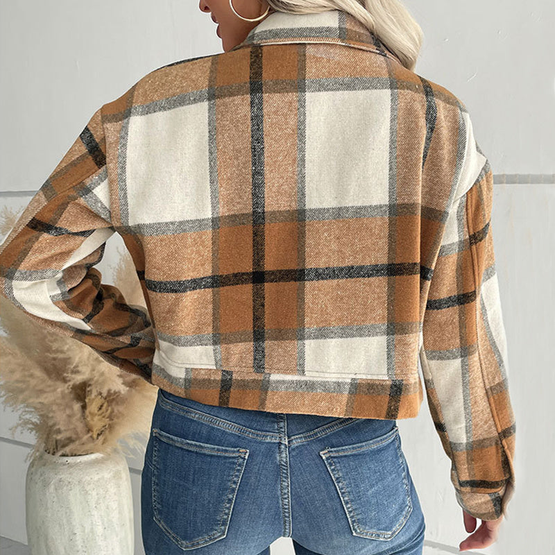Plaid Lapel Cropped Jacket With Pockets Fashion Button Long Sleeve Short Outwear Tops Coat For Womens Clothing - 𝓢𝓱𝓸𝓹𝓵𝓮𝓬𝔂