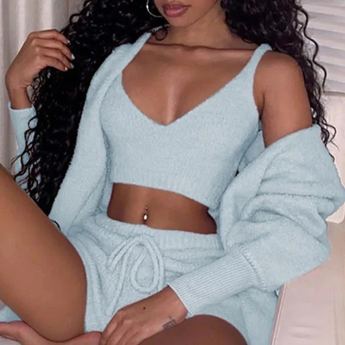 3pcs Womens Clothing Long Sleeve Crop Tank Top And Drawstring Shorts Pajama Set - 𝓢𝓱𝓸𝓹𝓵𝓮𝓬𝔂