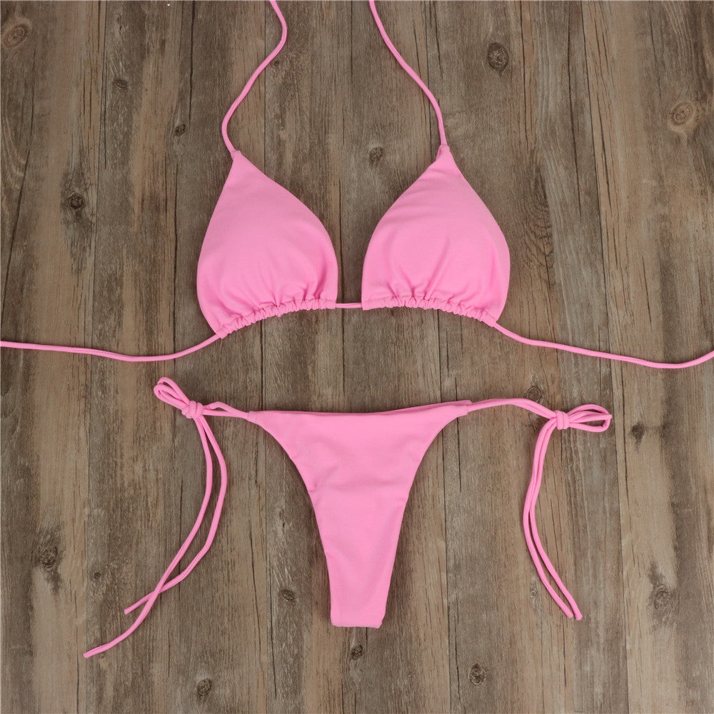 2pcs Halterneck Lace-up Bikini Women Summer Solid Color Sexy Split Strap Adjustable Swimsuit Suit 