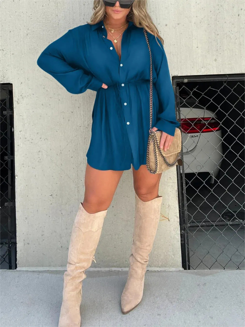 Women's Long Sleeve Jumpsuit With Button Fashion Shirt Dress - 𝓢𝓱𝓸𝓹𝓵𝓮𝓬𝔂
