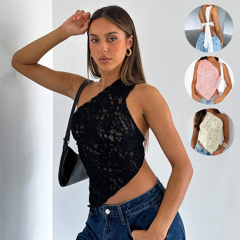 Ins Lace Backless Top Summer Solid Color Waistless Asymmetrical Sloped Neck Vest Streetwear Womens Clothes - 𝓢𝓱𝓸𝓹𝓵𝓮𝓬𝔂