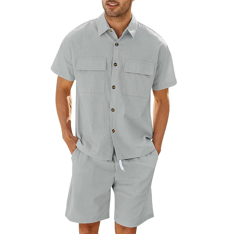 Summer Suits Men Short Sleeve Lapel Pockets Shirt And Drawstring Shorts Sports Fashion Leisure Men's Clothing - 𝓢𝓱𝓸𝓹𝓵𝓮𝓬𝔂