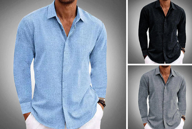 Long Sleeve T-shirt Undershirt Solid Color Long Sleeve Cotton Linen Shirt Men - 𝓢𝓱𝓸𝓹𝓵𝓮𝓬𝔂