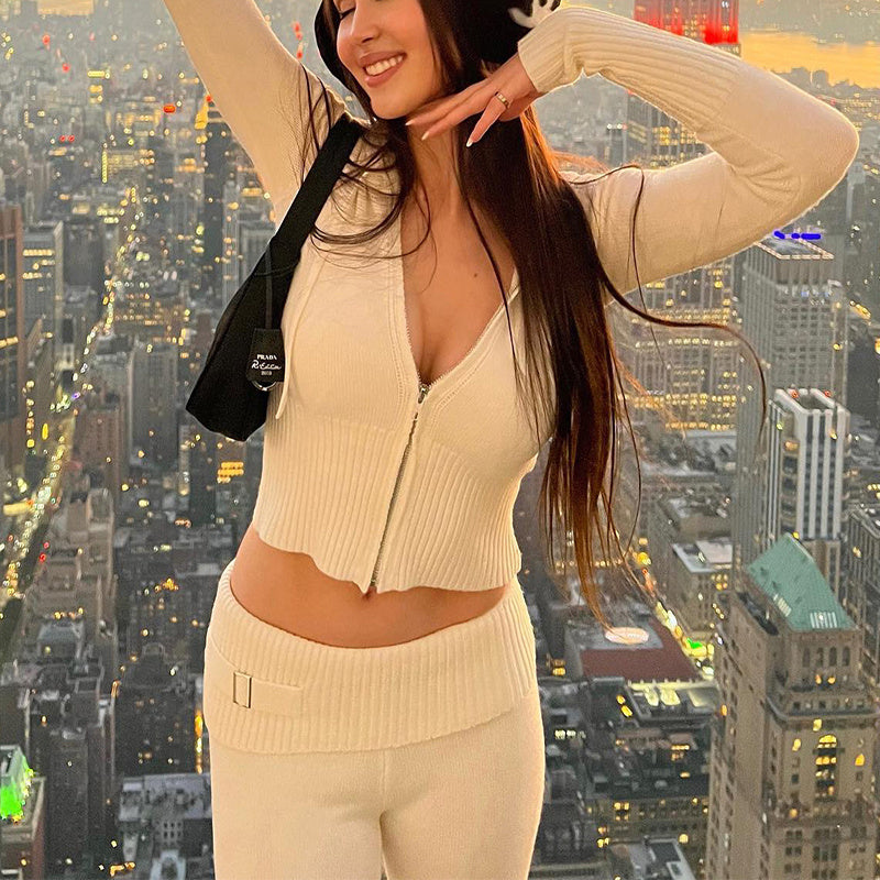 Hoodie Suit Women Leisure Sexy Zip Long Sleeve Sweater And High Waist Long Pants Set - 𝓢𝓱𝓸𝓹𝓵𝓮𝓬𝔂