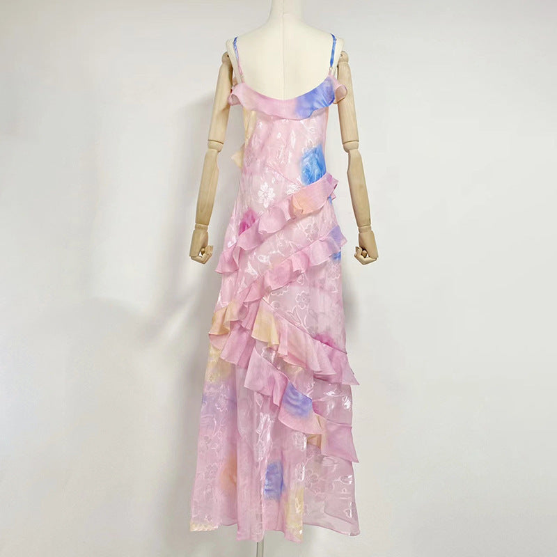 V-neck Strap Printed Backless Slim Fit Ruffled Dress - 𝓢𝓱𝓸𝓹𝓵𝓮𝓬𝔂