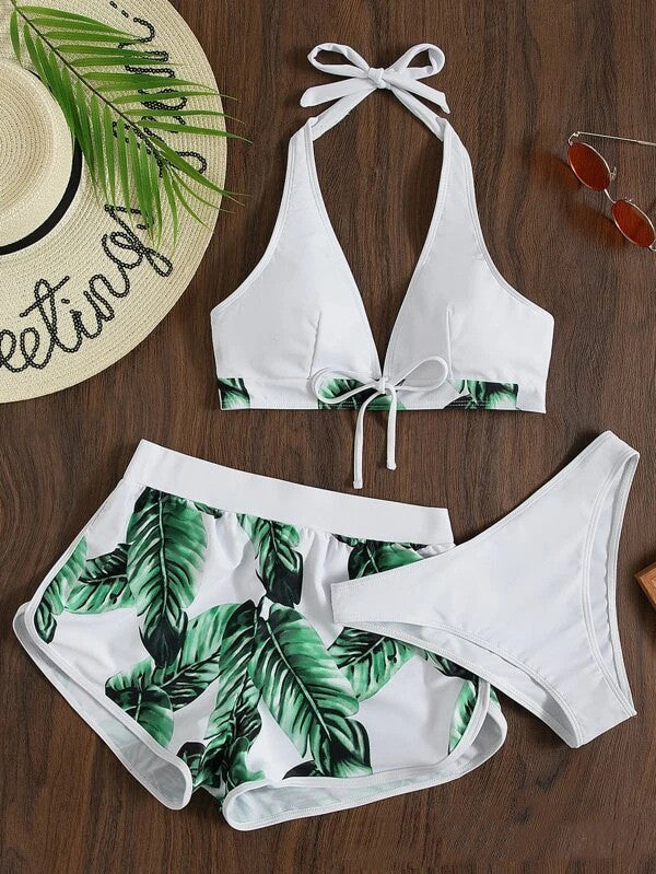 3pcs Leaf Print Bikini With Shorts Fashion Summer Beach Swimsuit Womens Clothing - 𝓢𝓱𝓸𝓹𝓵𝓮𝓬𝔂
