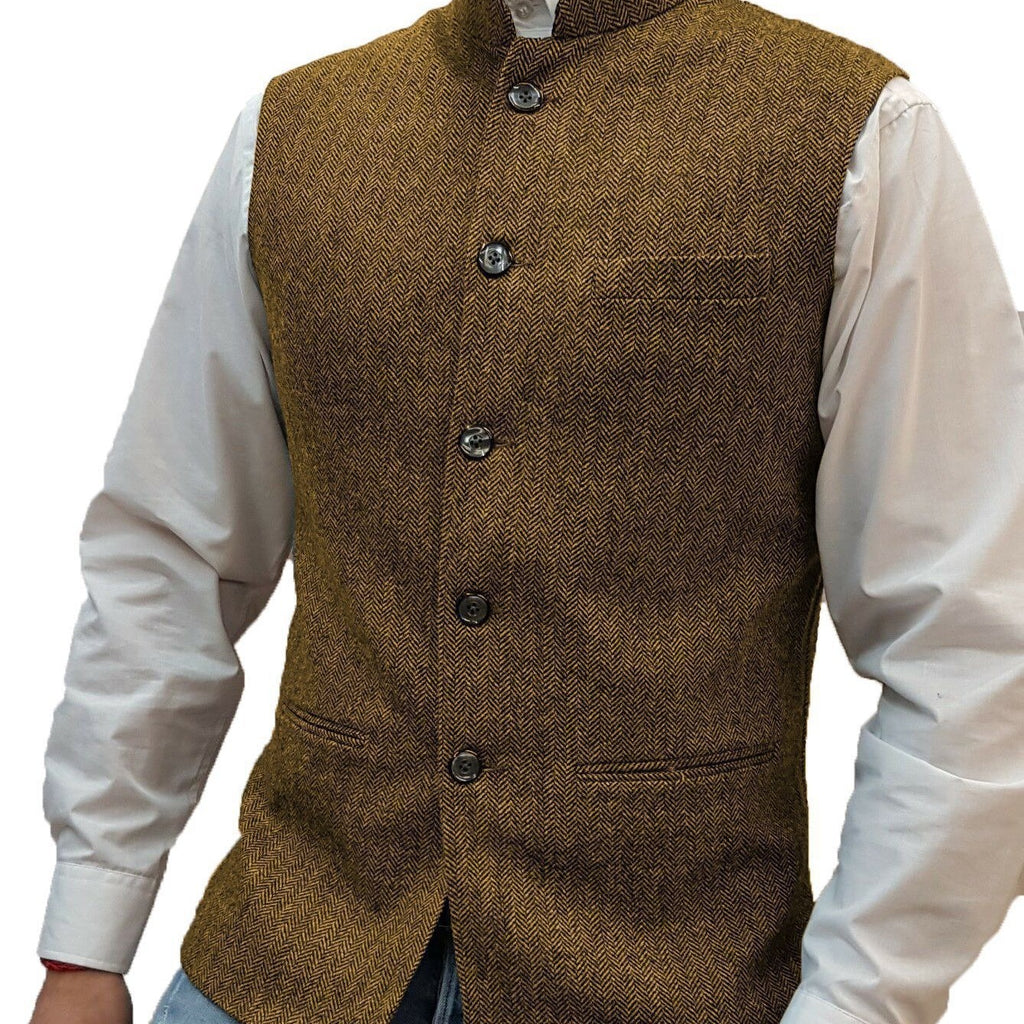 Zhongshan Collar Herringbone Pattern Vest Man - 𝓢𝓱𝓸𝓹𝓵𝓮𝓬𝔂
