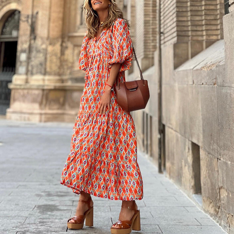Summer Women's Vintage Printed Bohemian Dress Elegant Ladies Casual Loose V-Neck Short Sleeve Long Dresses - 𝓢𝓱𝓸𝓹𝓵𝓮𝓬𝔂