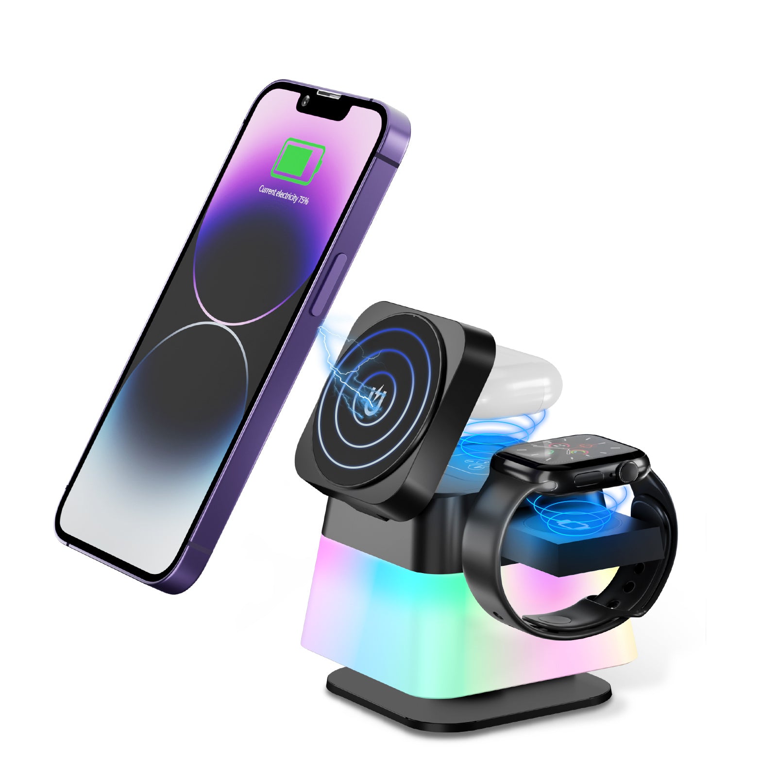4 In 1 Rotatable Colorful Lighting Wireless Charger Stand For Phone 15 14 13 12 Pro Max 8 7 Holder Magnetic Fast Charging Station - 𝓢𝓱𝓸𝓹𝓵𝓮𝓬𝔂