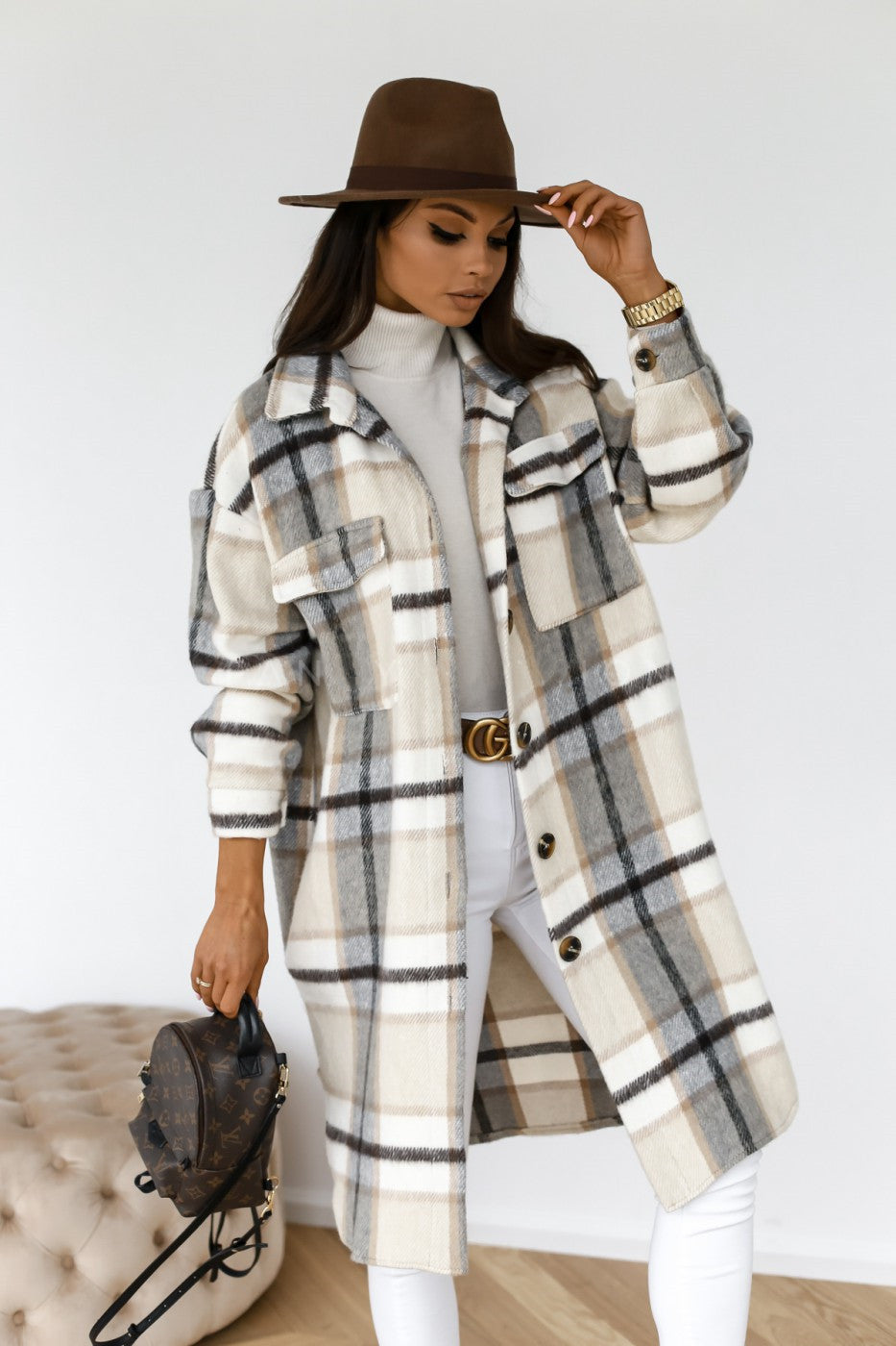 Button Lapel Casual Warm Plaid Long Woolen Coat - 𝓢𝓱𝓸𝓹𝓵𝓮𝓬𝔂