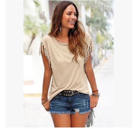 Wish quick sale eBay ladies Europe and America big size round neck short sleeve cuffs tassel T-shirt cotton tops - 𝓢𝓱𝓸𝓹𝓵𝓮𝓬𝔂
