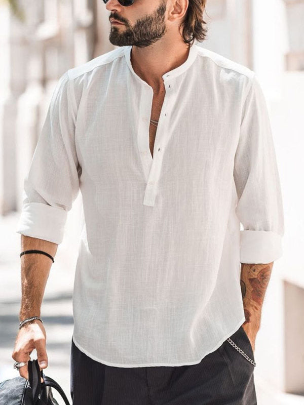 Men's Casual Stand-up Collar Door Barrel Solid Color Long-sleeved Shirt - 𝓢𝓱𝓸𝓹𝓵𝓮𝓬𝔂